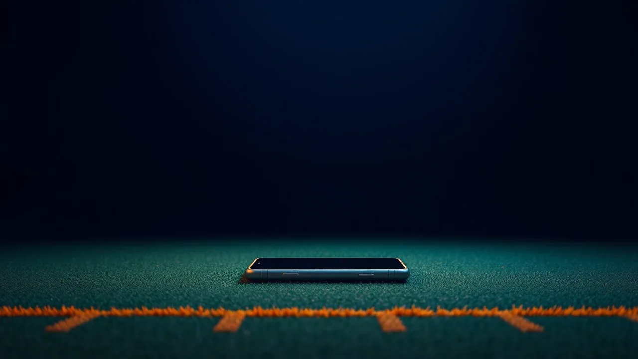 Qorongʻi maysazorda yuzi pastga yotgan telefon va uning yonidan oʻtgan boʻr chiziq